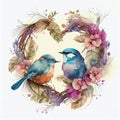 Watercolor Couple Bird in love with heart shape floral wreath.