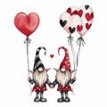 Watercolor Couple of Gnomes Holding Hands with Heart-shaped Balloons AI Generated