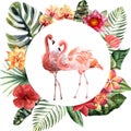 Watercolor couple of pink flamingos with flowers isolated on a white background