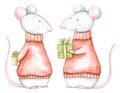 Watercolor couple of two white mice in red Christmas sweaters with difts boxes