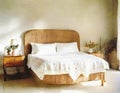 Watercolor of A cozy Bedroom with a wicker headboard and chintz