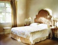 Watercolor of A cozy Bedroom with a wicker headboard and chintz