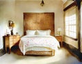 Watercolor of A cozy Bedroom with a wicker headboard and chintz