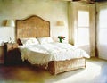 Watercolor of A cozy Bedroom with a wicker headboard and chintz