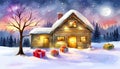 Watercolor cozy little house and christmas tree with gifts in winter scene vector illustration Royalty Free Stock Photo