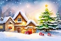 Watercolor cozy little house and christmas tree with gifts in winter scene vector illustration Royalty Free Stock Photo