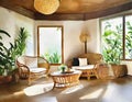 Watercolor of Cozy living room with a rustic rattan wooden and tasteful