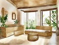 Watercolor of Cozy living room with a rustic rattan wooden and tasteful