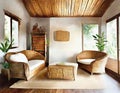 Watercolor of Cozy living room with a rustic rattan wooden and tasteful