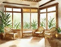 Watercolor of Cozy living room with a rustic rattan wooden and tasteful