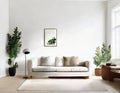 Watercolor of A cozy living room with a white wooden wall in Japandi