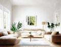 Watercolor of A cozy living room with a white wooden wall in Japandi