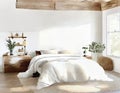 Watercolor of cozy modern farmhouse with plush comforter and minimalist created with