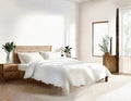 Watercolor of cozy modern farmhouse with plush comforter and minimalist created with