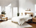 Watercolor of cozy modern farmhouse with plush comforter and minimalist created with