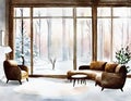 Watercolor of Cozy modern winter living room with a snowy forest