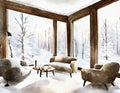 Watercolor of Cozy modern winter living room with a snowy forest