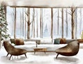 Watercolor of Cozy modern winter living room with a snowy forest