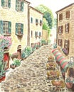 Watercolor cozy street with lots of flowers
