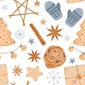 Watercolor cozy winter hygge New year seamless pattern. Christmas spices star anise cinnamon. Flat cartoon style