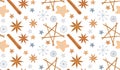 Watercolor cozy winter hygge New year seamless pattern. Christmas spices star anise cinnamon. Flat cartoon style