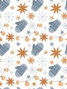 Watercolor cozy winter hygge New year seamless pattern. Christmas spices star anise. Flat cartoon style illustrations of