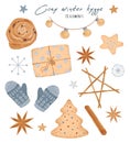 Watercolor cozy winter hygge New year set clipart. Christmas spices star anise, cinnamon. Flat cartoon style