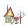 Watercolor cozy wooden village house surrounded by snow trees and snowdrifts