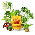 Watercolor Cozy yellow armchair surrounded by houseplants