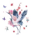 Watercolor crane, blooming branches of cherry, peonies Royalty Free Stock Photo