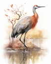 watercolor crane on white background ,generated with AI.