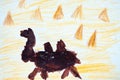 Watercolor and crayon camel in desert. Like kids drawn flat doodle simple image. Watercolor hand drawing, child painting