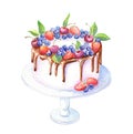 Watercolor cream cake with berries