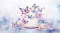 Watercolor cream cake decorated with butterflies and flowers on pastel blue background with aquarelle splashes and