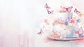 Watercolor cream cake decorated with butterflies and flowers on white background with aquarelle splashes and stains