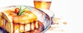 Watercolor of a creamy Francesinha sandwich, fries, and beer, evoking a cozy Portuguese dining experience