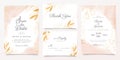 Watercolor creamy wedding invitation card template set with golden floral decoration. Abstract background save the date,