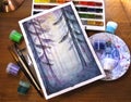 Watercolor creative art drawing magic forest wood nature gouache paint pot brush paintbrush photo Royalty Free Stock Photo