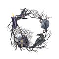 Watercolor creepy Halloween wreath, hand painted raven, haunted house, candle, witch hat. Spooky illustration