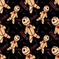 Watercolor seamless pattern with voodoo doll with simple lettering on dark background. For various Halloween products.