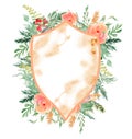 Watercolor crest winter floral frame template
