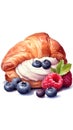 Watercolor croissant with cream and berries. Hand drawn illustration