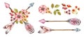 Watercolor crossed arrows and flowers set. Collection with tribal boho elements: crystal arrowhead, feathers, pink