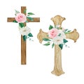 Watercolor crosses decorated with flowers, Easter religious symbo