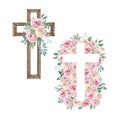 Watercolor crosses decorated with roses, Easter religious symbol