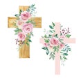 Watercolor crosses decorated with roses, Easter religious symbol