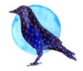 Watercolor crow silhouette and blue moon isolated on white background. Hand drawn artistic blackbird.