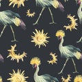 Watercolor Crowned crane seamless pattern on white background