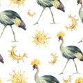 Watercolor Crowned crane seamless pattern on white background