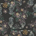 Watercolor crows with dark flowers, seamless pattern